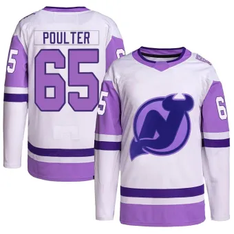 Men's Isaac Poulter New Jersey Devils Hockey Fights Cancer Primegreen Jersey - White/Purple Authentic