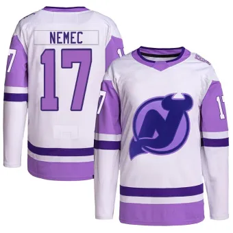 Men's Simon Nemec New Jersey Devils Hockey Fights Cancer Primegreen Jersey - White/Purple Authentic